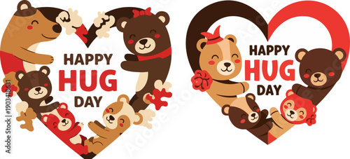 WebAdorable cartoon teddy bears sharing warm affectionate hugs inside vibrant heart shapes celebrating happy hug day illustration design