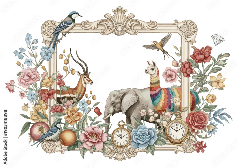 Fototapeta premium Victorian baroque floral frame featuring elephant, llamas, birds, botanical details, elegant classic illustration on white background.