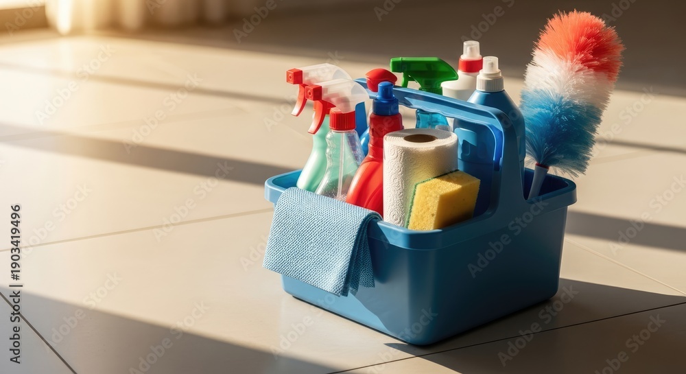 custom made wallpaper toronto digitalCleaning supplies in a blue caddy. Sunlight on a tiled floor. Variety of tools