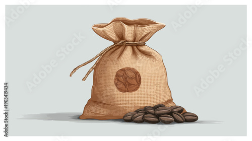 A burlap sack tied at the top with a string and a small pile of brown coffee beans beside it