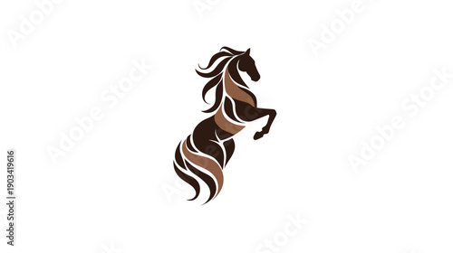 Stylized, rearing horse in shades of brown against a white backdrop, dynamic pose