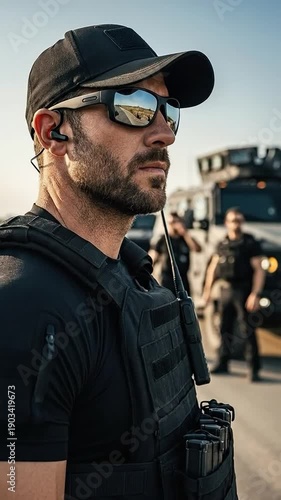 Professional male security contractor in black tactical gear and sunglasses standing outdoors with armored vehicles and team in the background