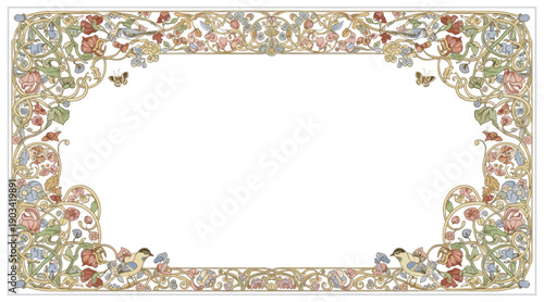 frame and classic illustration. Victorian baroque frame blended with bohemian art nouveau patterns, floral vines, birds, butterflies,