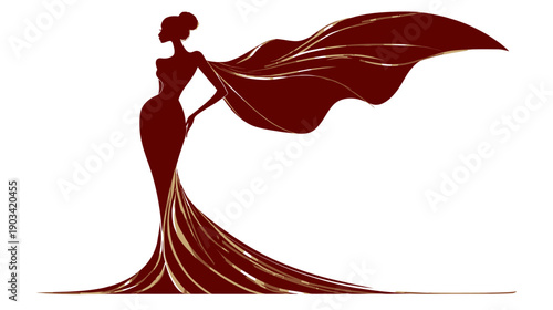 Silhouette of a woman wearing an elegant gown and flowing scarf
