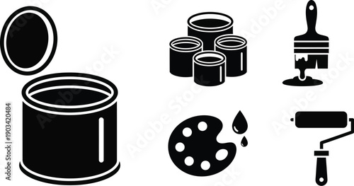 Roller brush with spill paint bucket silhouettes. 