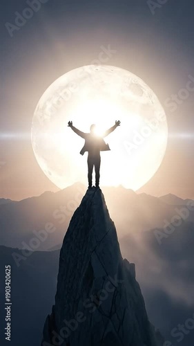 Silhouette of a man standing on a mountain peak with arms raised against a giant full moon at night, concept of success, achievement, and freedom