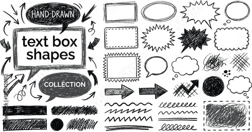 Crayon drawn text box collection. Rectangle and round shapes with pencil sketch texture. Vector ink illustration. Grunge crayon outline text boxes for notes. Hand drawn texture doodle shapes.