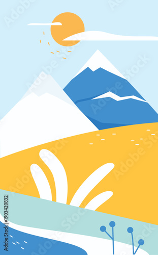 Abstract winter landscape with blue and white mountains, yellow hills and plants vector illustration