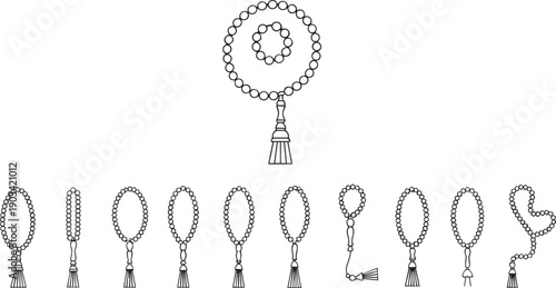 Islamic Tasbih Prayer Beads Outline Icon Set for Muslim Worship, Dhikr, Ramadan, Eid and Spiritual Design