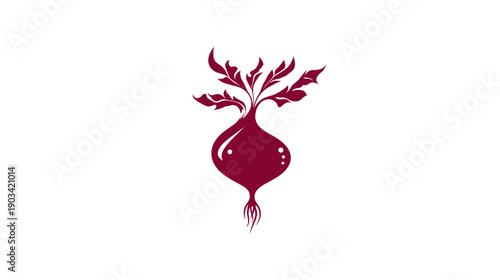 A burgundy beet illustration, centered on a white background, leaves and root details present