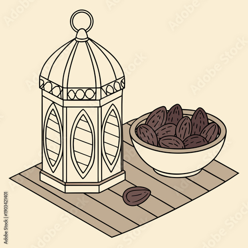 A decorative lantern casts a gentle yellow glow beside a bowl of dates on a wooden table, evoking warmth, hospitality, and festive gathering moments.
