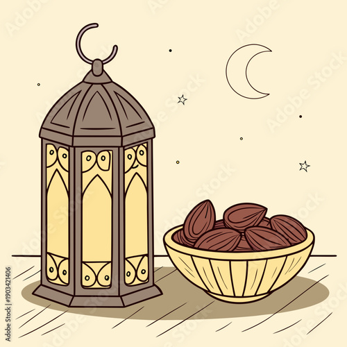 A decorative lantern casts a gentle yellow glow beside a bowl of dates on a wooden table, evoking warmth, hospitality, and festive gathering moments.