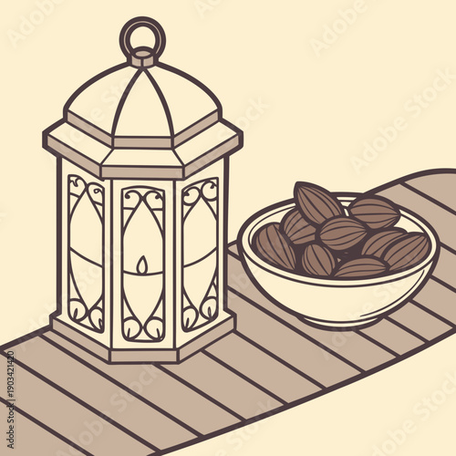 A decorative lantern casts a gentle yellow glow beside a bowl of dates on a wooden table, evoking warmth, hospitality, and festive gathering moments.