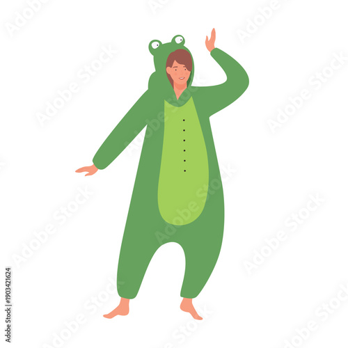 Cute happy girl in frog kigurumi costume on pajama party or sleepover vector illustration
