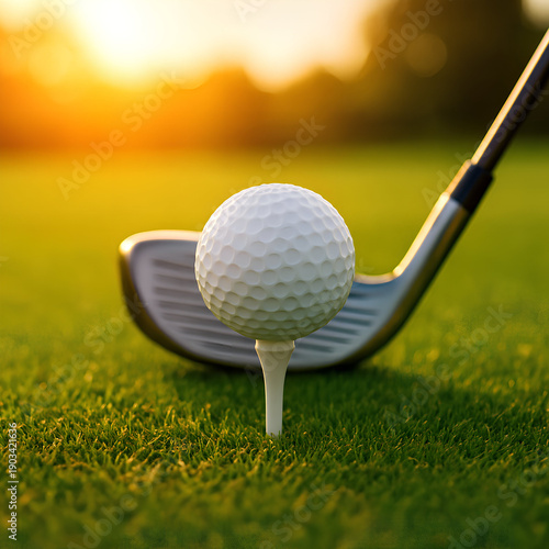 Golf ball poised on tee with club in background  bathed in golden sunlight on lush green course
