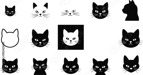 Cute cat face silhouette collection, minimal feline icons set for pet logos, stickers, social media, children designs, black and white vector illustration