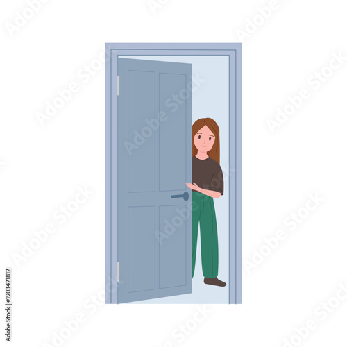 Girl peeking out from behind gray door, child standing in doorway vector illustration