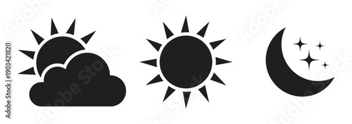 Time of the day icons showing morning sunrise, bright noon sun, evening sunset, and night moon with stars representing daily cycle, weather, astronomy, calendar, and environment concept