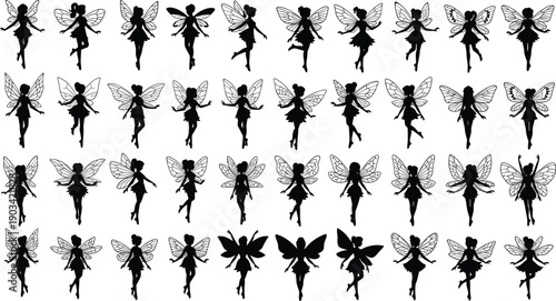 Fairy silhouette collection, magical winged girl poses set, fantasy pixie characters for decoration, kids design, party theme, wall art, black vector illustration