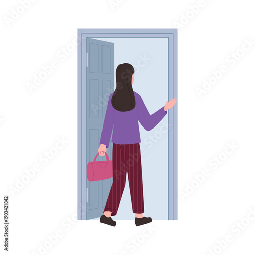 Young woman with bag walking out gray door to leave room, rear view vector illustration