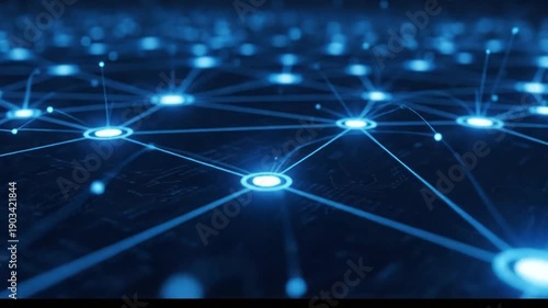 Illuminated blue data network grid with glowing nodes