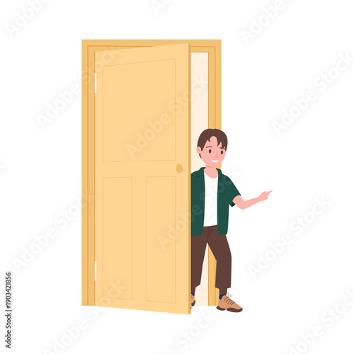 Boy opening and coming out from behind yellow door, front view vector illustration