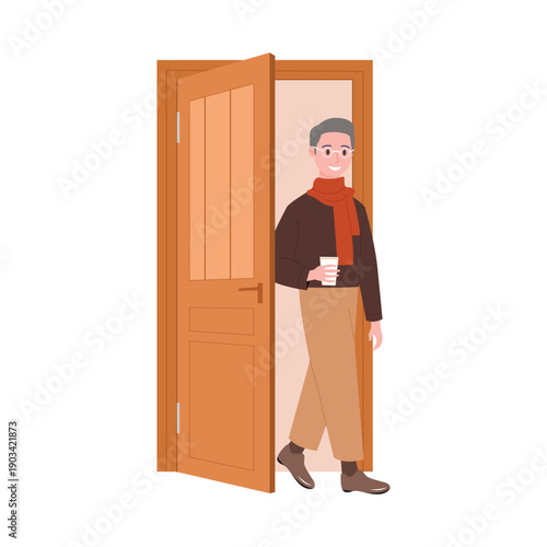 Young man in scarf coming out of door, male character holding cup of takeaway coffee vector illustration