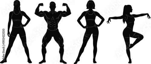 Fitness body silhouettes set, muscular man and athletic women posing collection for gym, bodybuilding, strength training, dance, healthy lifestyle, black vector illustration