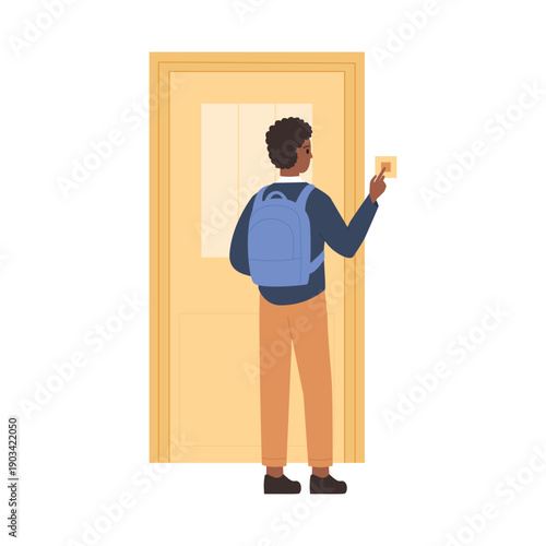 Young student standing in front of closed door, pressing doorbell, rear view vector illustration