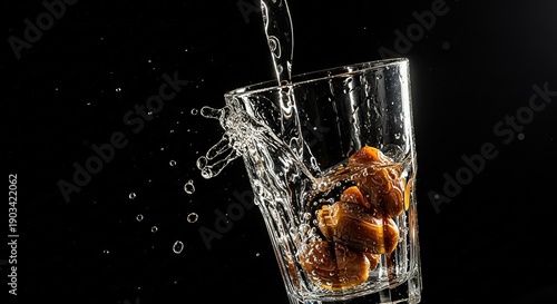 Glass with peanuts and water splashing.