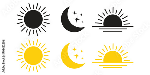 Outline sun moon and sunset icons set, Line art sun moon horizon symbols, flat outline time of day icon collection, simple outline weather icons for day, night, and evening time cycle concepts