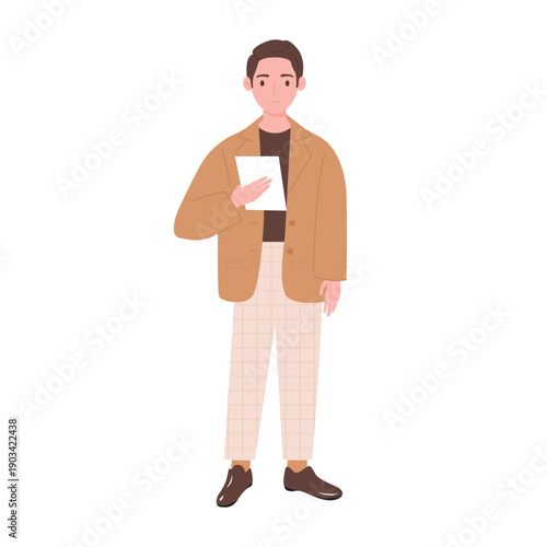 Young man in elegant outfit standing with paper document, professional office manager posing vector illustration