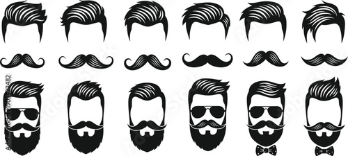 Men hairstyle and beard silhouette collection, modern barber haircuts, mustaches and beards styles set for grooming, fashion, logo design, branding, black vector illustration