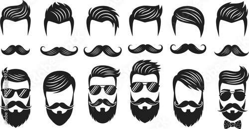 Men hairstyle and beard silhouette set, trendy haircuts, mustaches and bearded faces collection for barber shop branding, grooming, fashion logos, black vector illustration