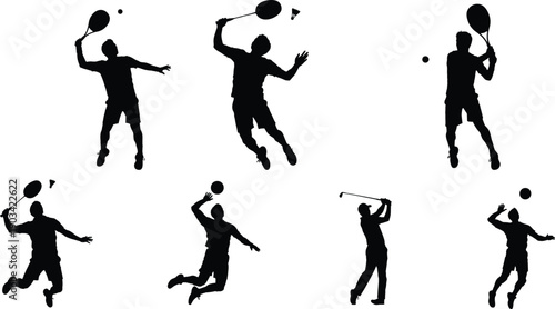 Silhouette illustrations of people playing tennis in various poses