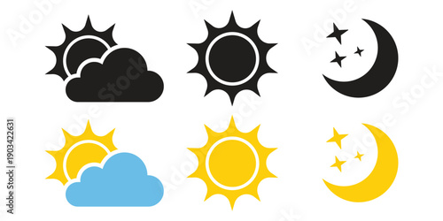Sun and moon icon set. Day and night or dark and light mode icons. Brightness symbol