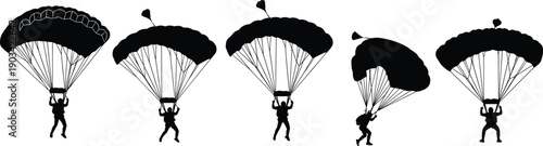 Parachuting silhouette collection, skydiver landing with open parachute canopy poses set for extreme sports, adventure, aviation, outdoor activity, training, black vector illustration