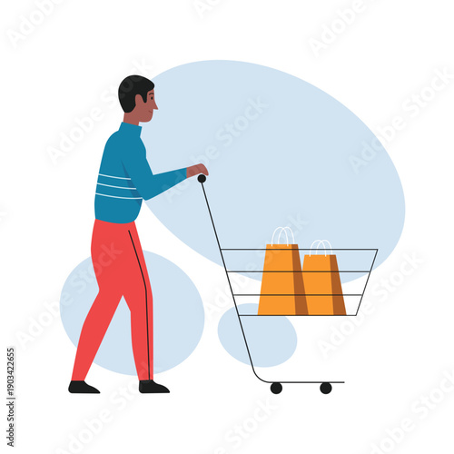 Customer carrying shopping cart with purchases, tiny man at retail shop sales vector illustration