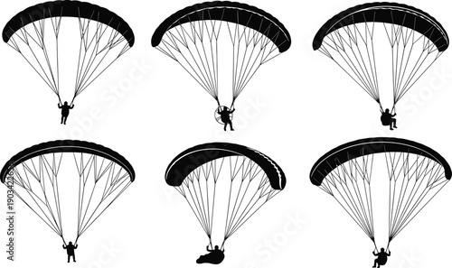 Paragliding silhouette collection, extreme air sport pilot flying parachute canopy poses set for adventure, aviation, outdoor activity, training, black vector illustration