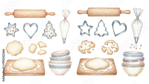 Watercolor illustration of baking ingredients and tools for making cookies, including rolling pins, cookie cutters, dough, flour, bowls, and sprinkles.