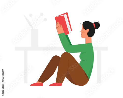 Young woman sitting, student reading open book vector illustration