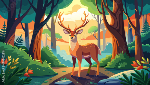 Very beautiful deer standing quietly in forest light, representing grace, calmness, and harmony within a peaceful woodland environment.