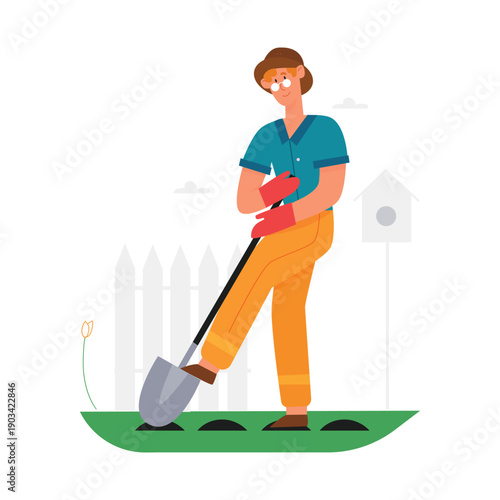 Man holding shovel to dig soil in garden, agriculture worker gardening vector illustration