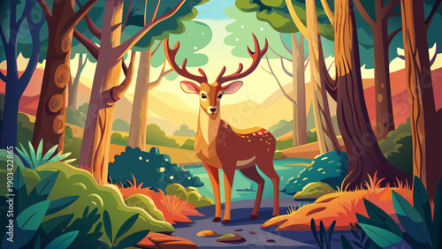 Very beautiful deer standing quietly in forest light, representing grace, calmness, and harmony within a peaceful woodland environment.