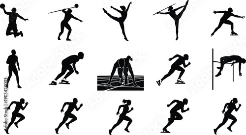 Track and field athlete silhouettes set, dynamic running, jumping, throwing sports poses collection for competition, training, fitness, animation, black vector illustration