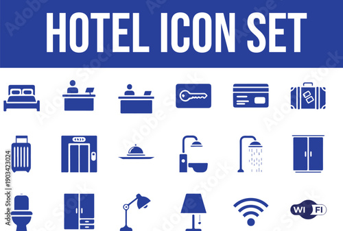 Hotel icon set with various blue icons on white background