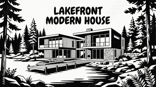 lakefront modern house villa architecture building offering luxury residential property real estate design and panoramic exterior construction in natural waterfront landscape for housing investment