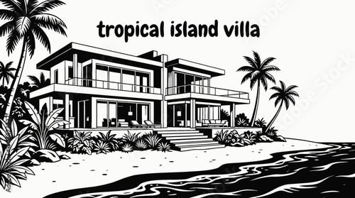 tropical island beachfront villa architecture building featuring luxury residential property real estate design and open exterior construction in coastal landscape for exclusive housing investment