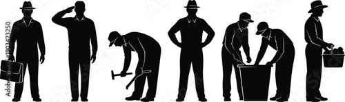 Industrial worker silhouettes set showing laborers in different working poses for construction, manufacturing, and safety illustration concepts