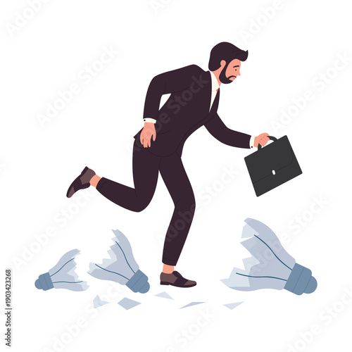 Businessman running with briefcase through broken light bulb, bad business idea vector illustration